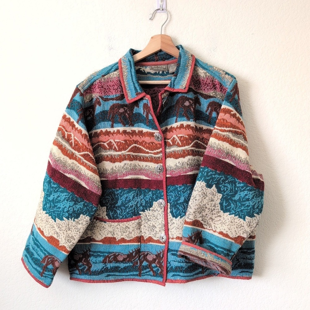Vintage Jane Ashley Southwestern Horse Tapestry‎ Jacket XL Ranchwear Barn Rodeo